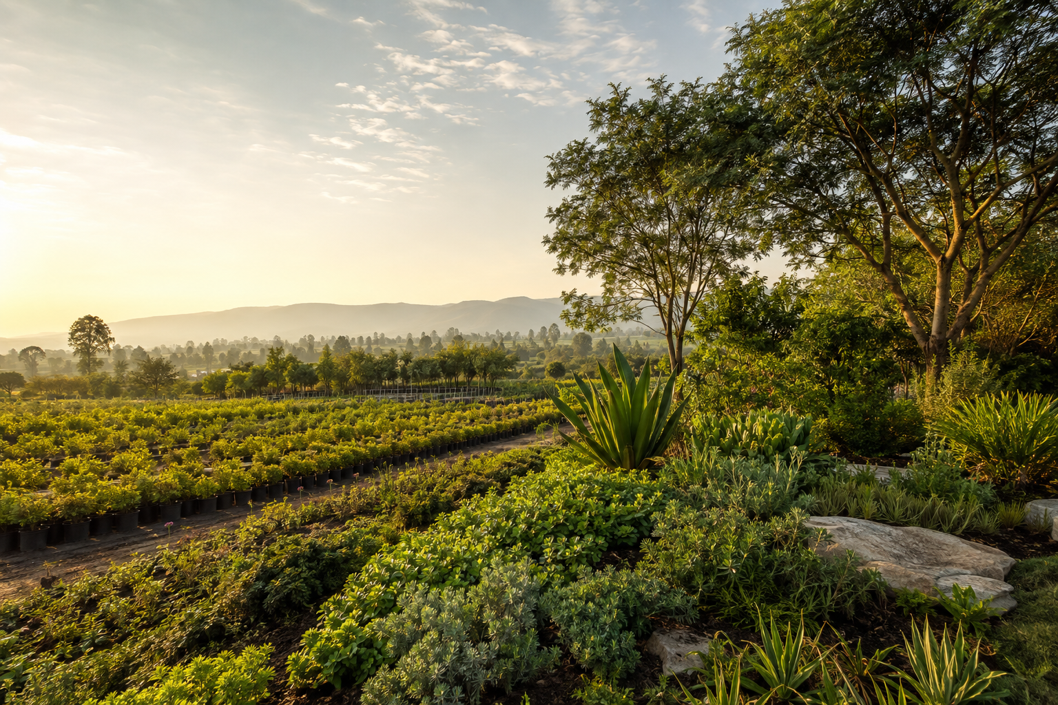 A thriving landscaped garden overlooking a wholesale nursery